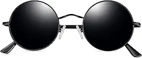 Óculos de Sol Joopin Redondos Masculinos e Femininos Polarizados, Pequeno Círculo Hippie Vintage Retrô Steampunk Armação de Metal com Proteção UV (Preto Lente)