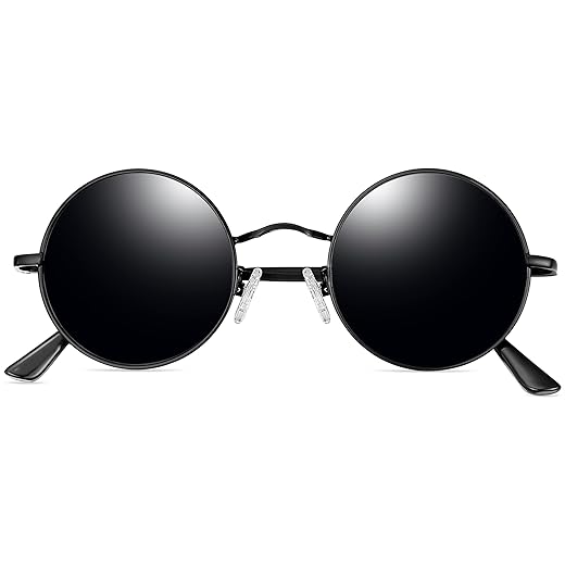 Óculos de Sol Joopin Redondos Masculinos e Femininos Polarizados, Pequeno Círculo Hippie Vintage Retrô Steampunk Armação de Metal com Proteção UV (Preto Lente)