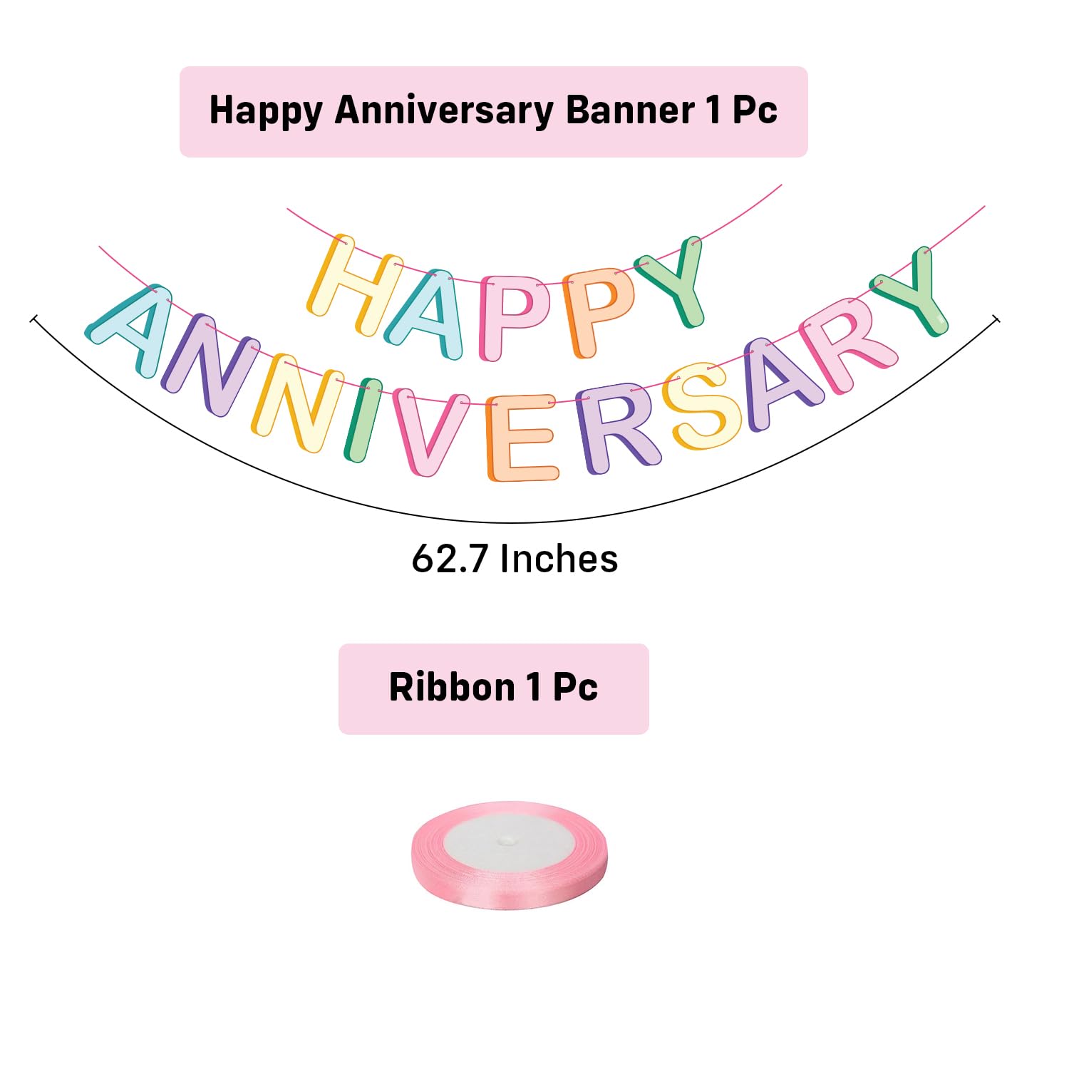 Party Propz Multicolour Pastel Happy Anniversary Banner - 2 Pcs Wedding Anniversary Decoration Kit Banner with Ribbon, 1st 10th 25th & 50th Wedding Party Decoration Items (Cardstock)