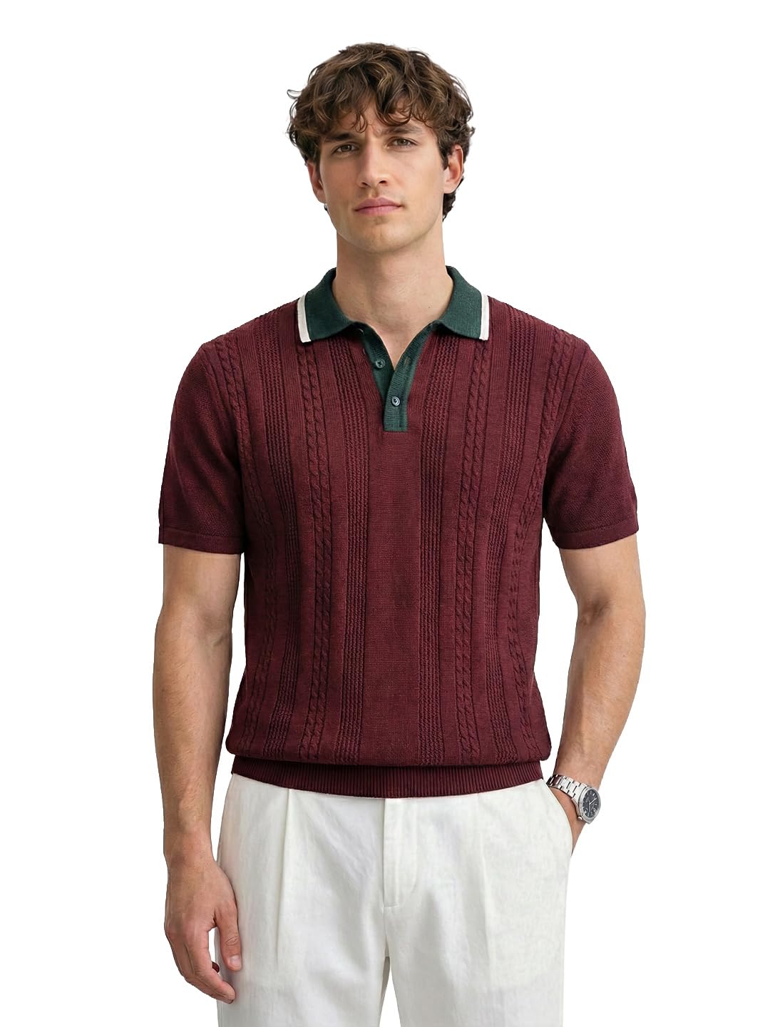 the indian garage co Men Slim Fit Half Sleeves Textured Polo T-Shirt-picture-37