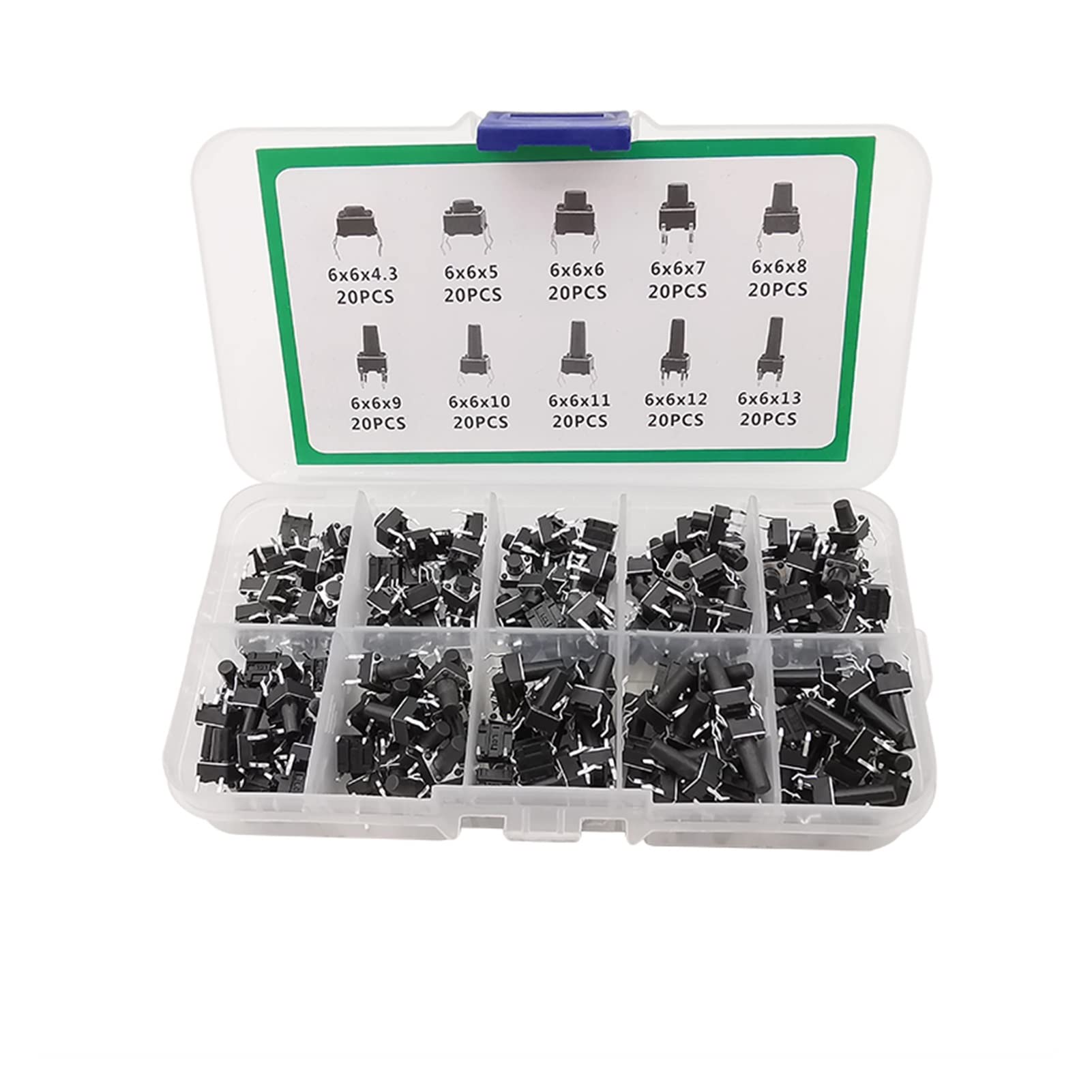 Kit 200 Pezzi Interruttori Tattili 6x6mm - Assortimento Pulsanti Momentanei A Scatto Rapido - Altezze Da 4.3 A 13mm Per Elettronica E Hobby