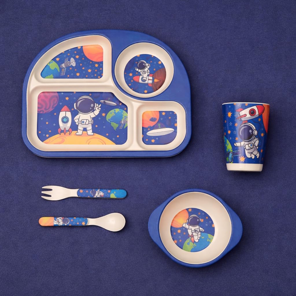 Premium Bamboo Kids Dinner Set – 5 Piece Feeding Set | BPA Free, Eco Friendly, Break Resistant Tableware for Baby & Toddler | Plate, Bowl, Cup, Spoon & Fork (Space)-image-46