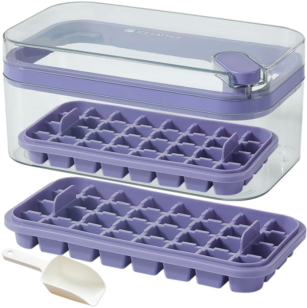 Ice Cube Tray Set with Lid and Bin, 2 Pack of Ice Cube Trays with 64 Ice Cube Molds for Freezing (Purple)