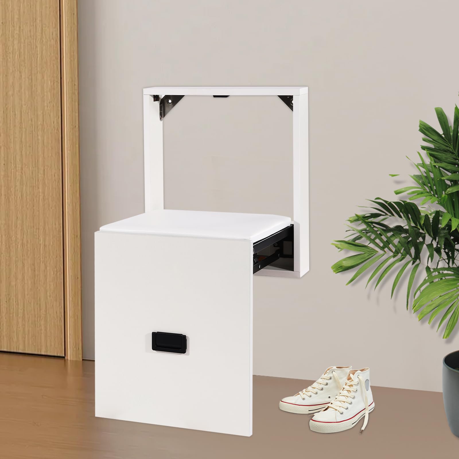 Krzesło składane ścienne, 35,5 x 36,5 cm, składane siedzisko, ściana krzesło składane, obciążenie całkowite 150 kg, montowany na ścianie, składany taboret na buty (czysta biel)
