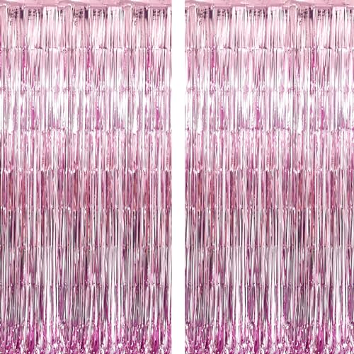 Image of GOER 3.2 ft x 9.8 ft Metallic Tinsel Foil Fringe Curtains for Party Photo Backdrop Wedding Decor (2 Packs, Pink)
