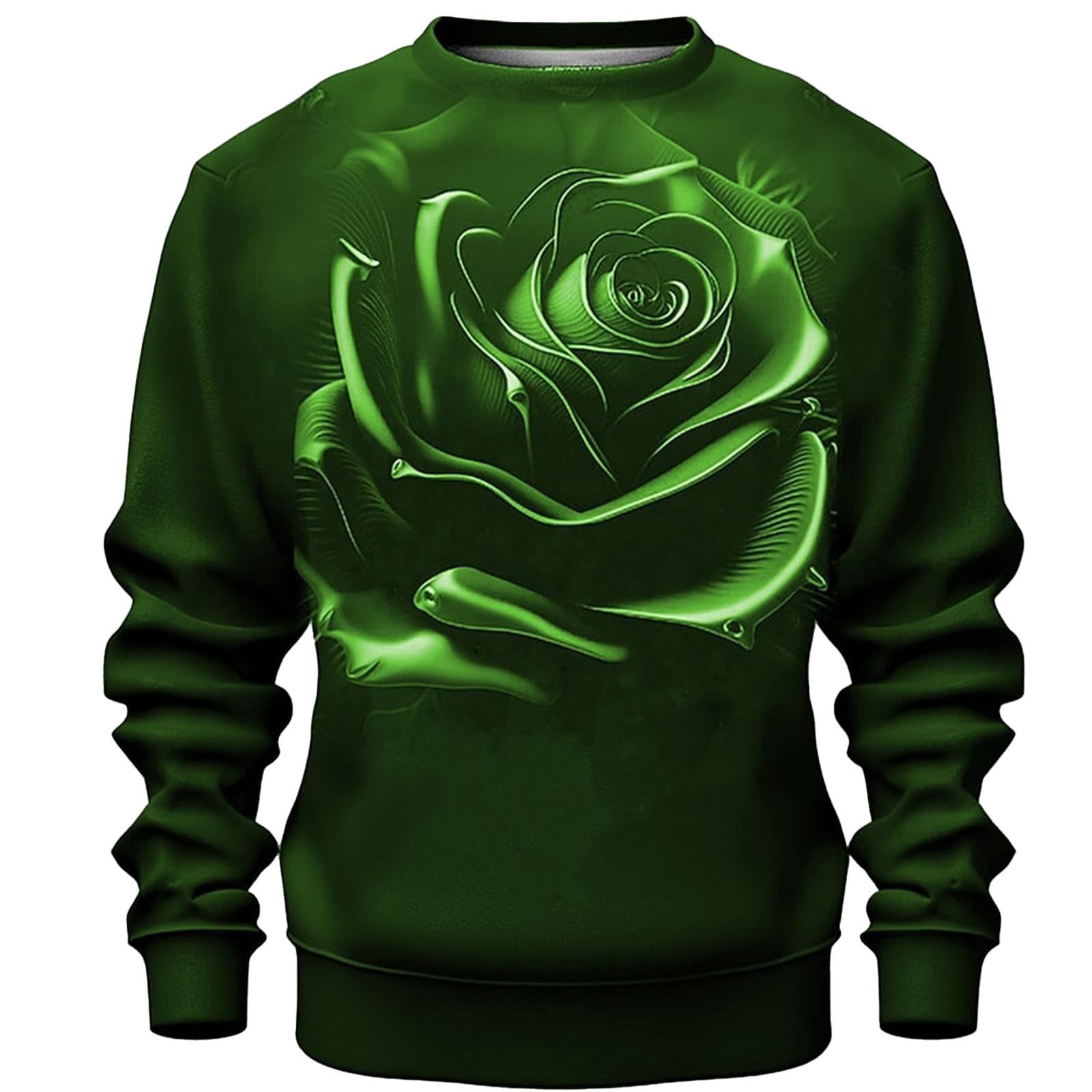 Generisch Valentine's Day Pullover Men's Sweatshirt with 3D Flower Print Long Sleeve Crew Neck Sports Shirt Leisure Vintage Tops Without Hood Sweatshirts Rose Print Pullover Training T-Shirt, Green