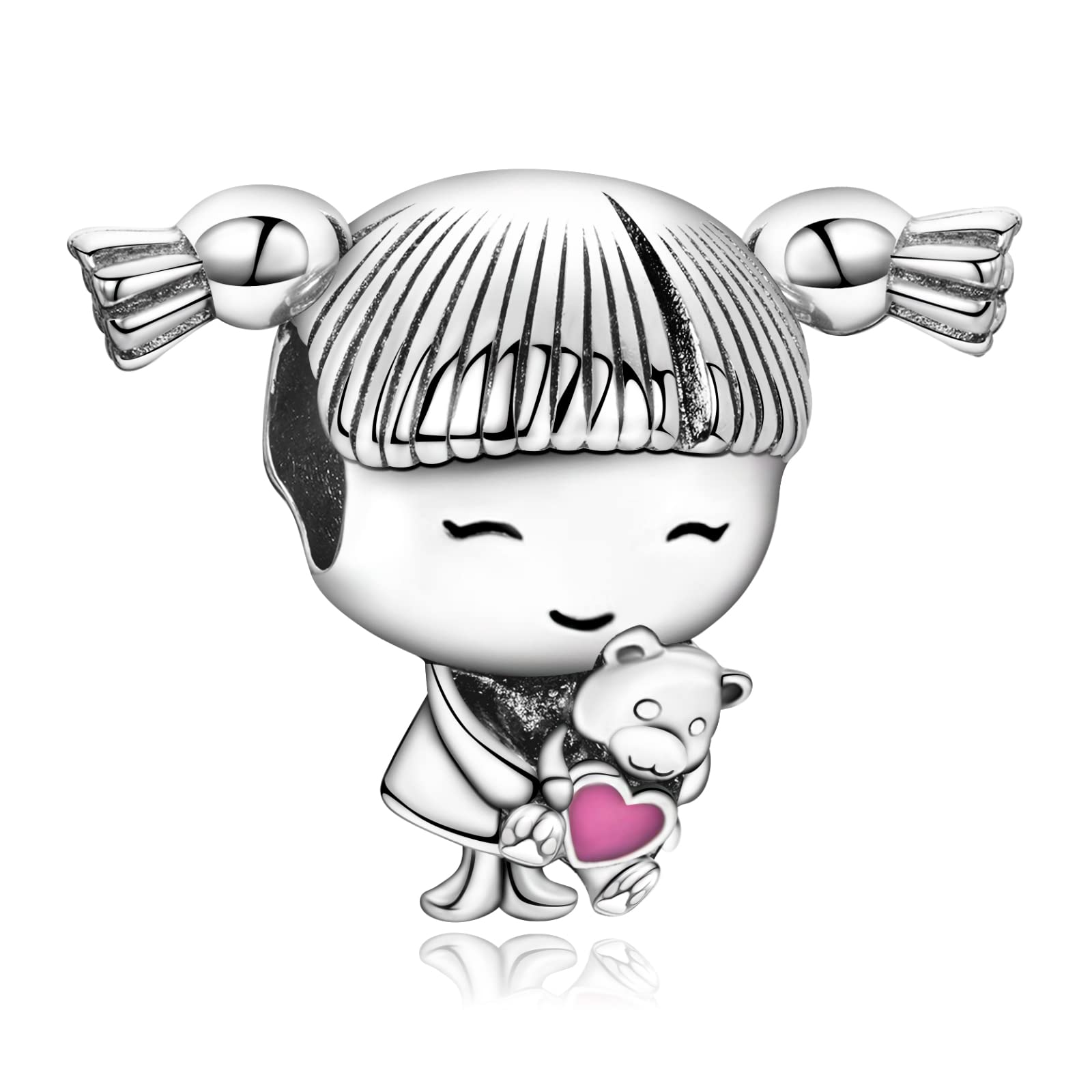 Annmors Women's S925 Sterling Silver Jewelry Charms for Bracelets Little Girl Catching Toy Bear