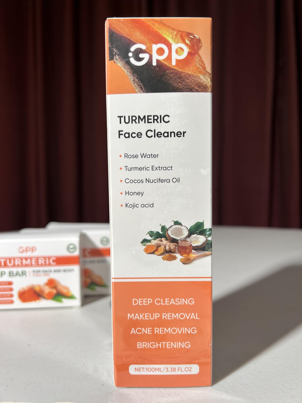 GPP 4Pcs Turmeric Soap & Turmeric Face Wash with Brush Skin Care Set, Lemon Turmeric Soap for Face & Body, Daily Facail Cleanser for All Skin Types, Deep Cleansing Turmerics Wash and Care Set