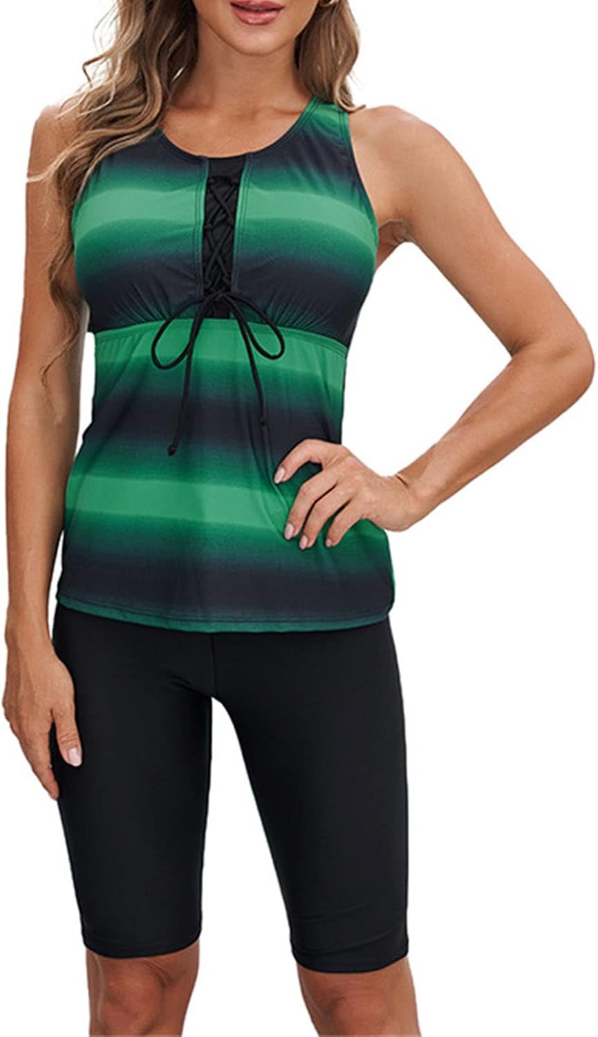 Womens Color Block Tankini Swimsuits Athletic Print Cropped Pants Bathing Suits With Shorts Swim Sleeveless Tank Tops
