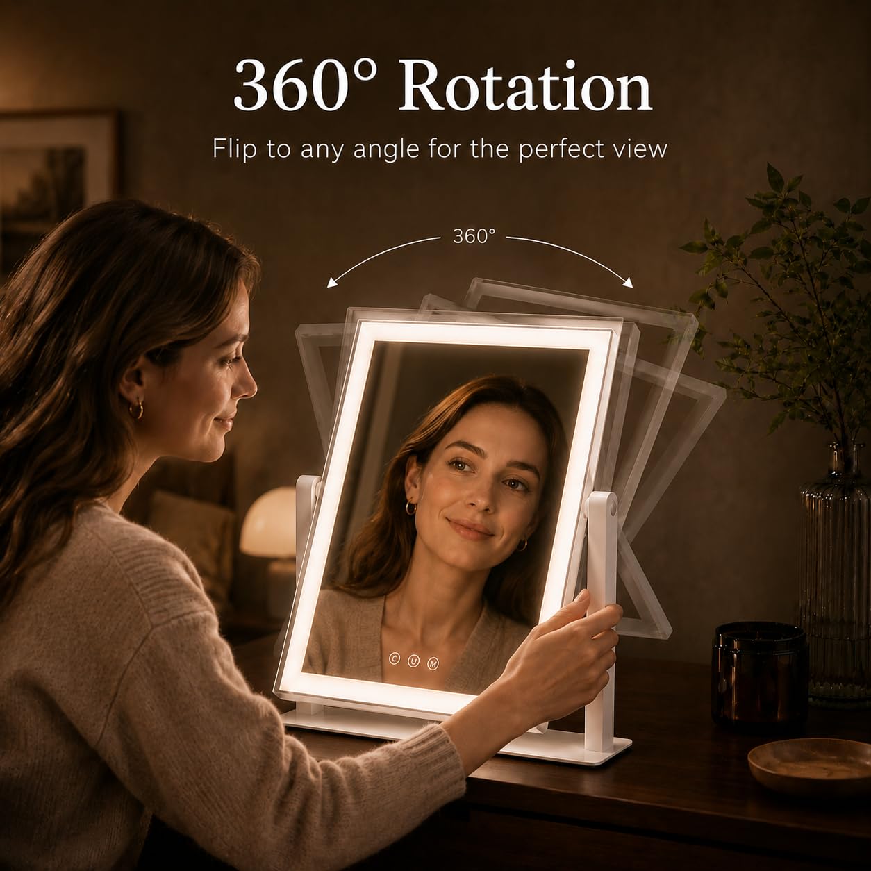 Decadence Espejo de maquillaje LED de 17.3 pulgadas con luces para mujeres y mamá, lupas desmontables 10X/5X, 3 modos de color, control táctil regulable, rotación de 360 grados, espejo cosmético de