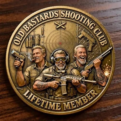 Old Bastards Shooting Club Challenge Coin, I Love Shooting Freedom Lifetime Member Token, Double Sided Vintage Gun Lover Collectible Coin, Funny Gag Gift for Men & Veterans (A5PC)