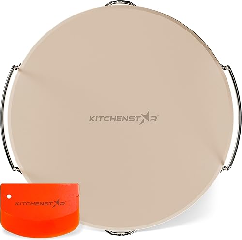 KitchenStar Piedra para pizza de 12 pulgadas para horno y parrilla de barbacoa con asas, redonda, 58 pulgadas de grosor, cordierita natural,