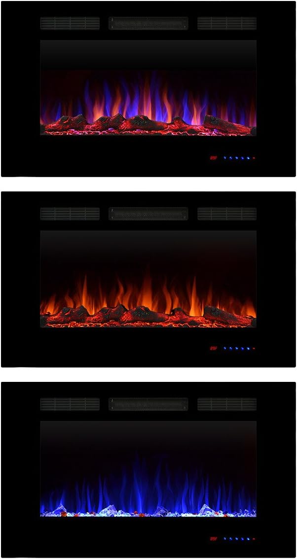 Three images demonstrating different flame and fuel bed color combinations: blue and orange, all orange, and all blue.
