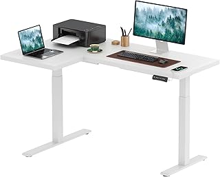 SANODESK 63 Inch Large Dual Motor Right Angle Electric Height Adjustable Standing Desk Reversible Panel White Top White Frame Perfect for Gaming, Home Office, Computer Workstation