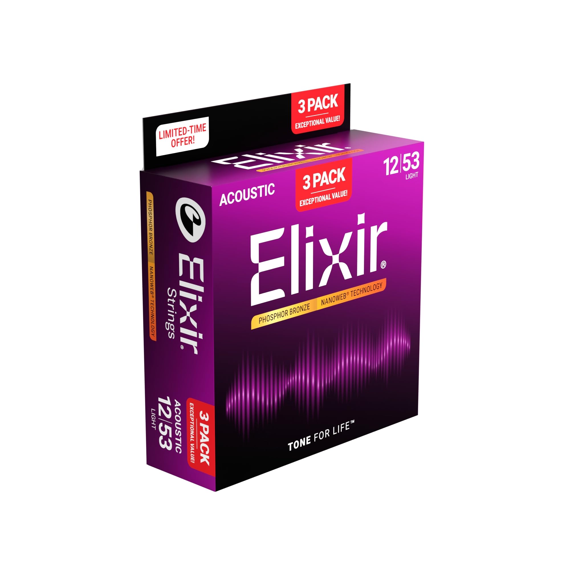 Elixir Cuerdas de guitarra de bronce fosforoso acústico con tecnología NANOWEB, luz 12-53, (paquete de 3 16052), lanzamiento limitado de vacaciones