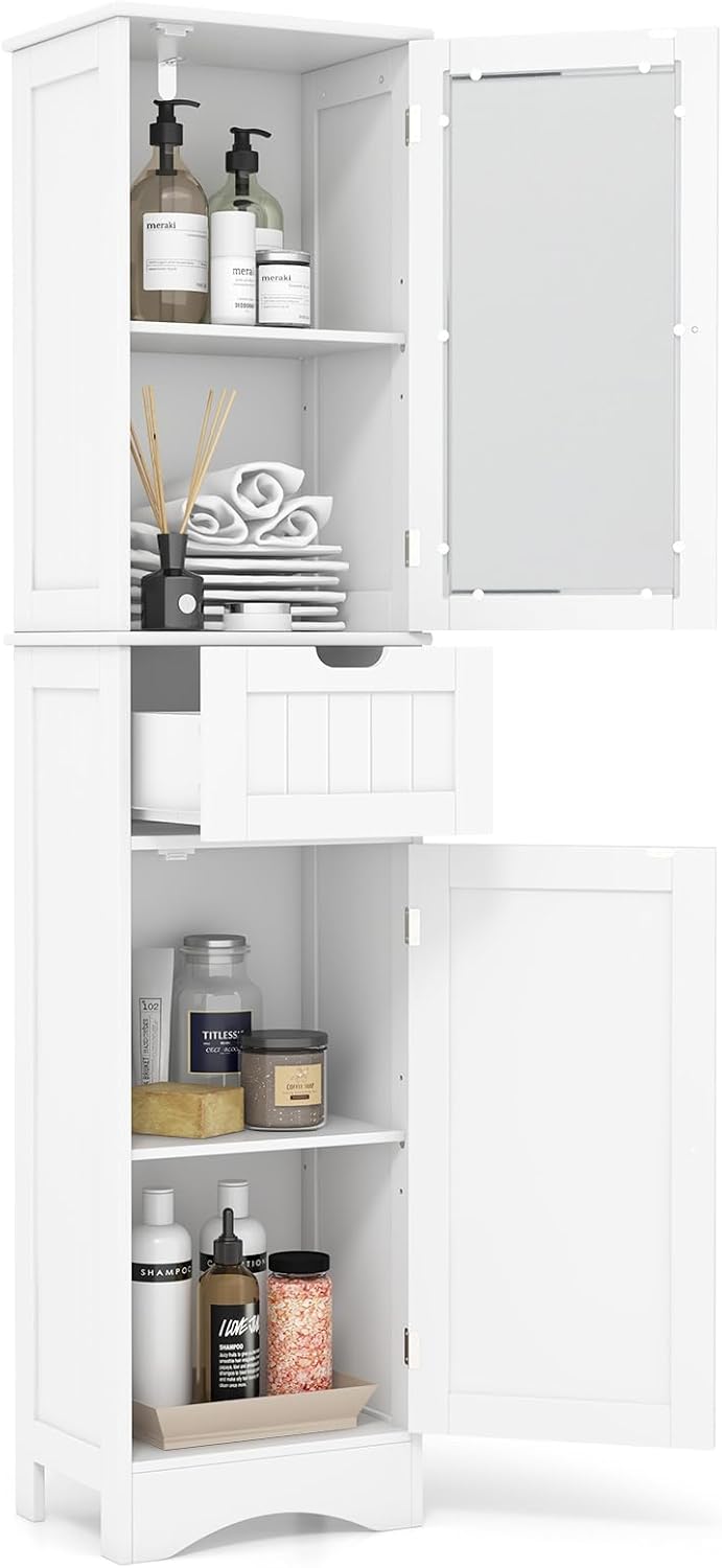 COSTWAY 67” Tall Bathroom Storage Cabinet, Freestanding Floor Cabinet with 2 Doors & 1 Drawer, 3-Level Adjustable Shelves, Narrow Slim Linen Tower for Bathroom, Living Room, Kitchen (White)