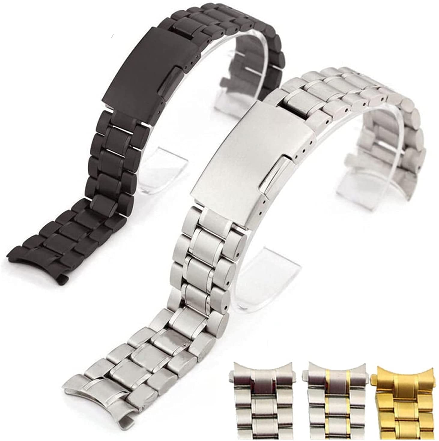 Edelstahlarmband, solides, gebogenes Ende, Schnellverschluss für 22 mm, 20 mm Metall-Edelstahl-Sicherheits-Klappschnallenband (Farbe: Silbergold mit Werkzeug, Größe: 18 mm)