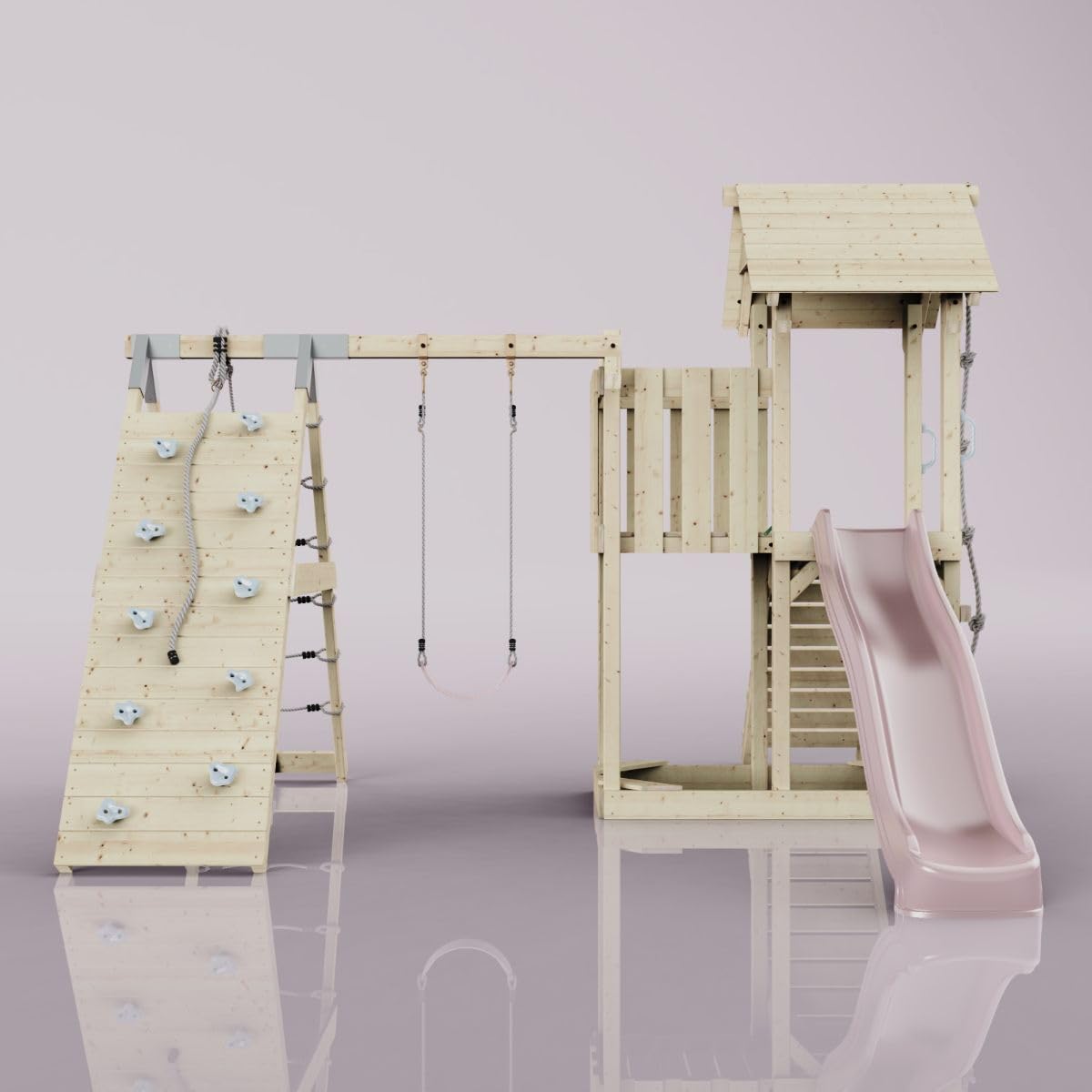 ReboOutdoor Spielturm mit Wellenrutsche, Klettergerüst mit Kletterturm, Kletterwand und Klettwernetz,Altrosa