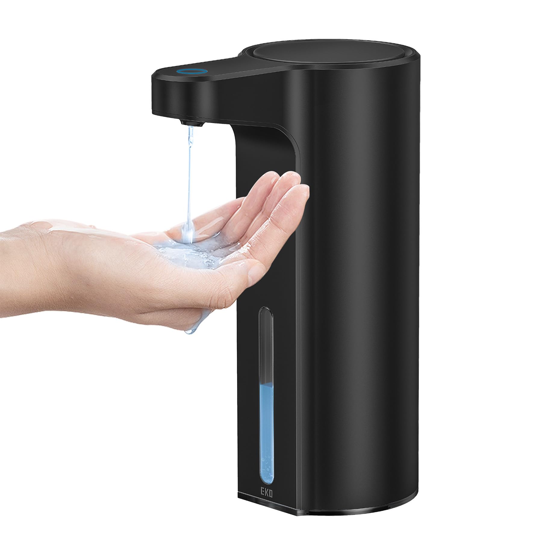 EKO Automatischer Seifenspender mit Sichtfenster, Spülmittelspender mit Infrarotsensor, 250 ml, USB-aufladbar, wasserdicht, einstellbare Dosierung, tropffrei, für Küche & Bad, Mattschwarz