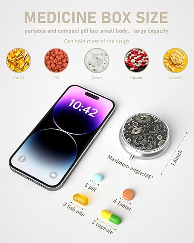 Miniatura 2 de Pastillero con 3 compartimentos, portátil para viajes, con espejo, compacto y lindo, cabe en bolso y bolsillo, organizador de medicinas y vitaminas