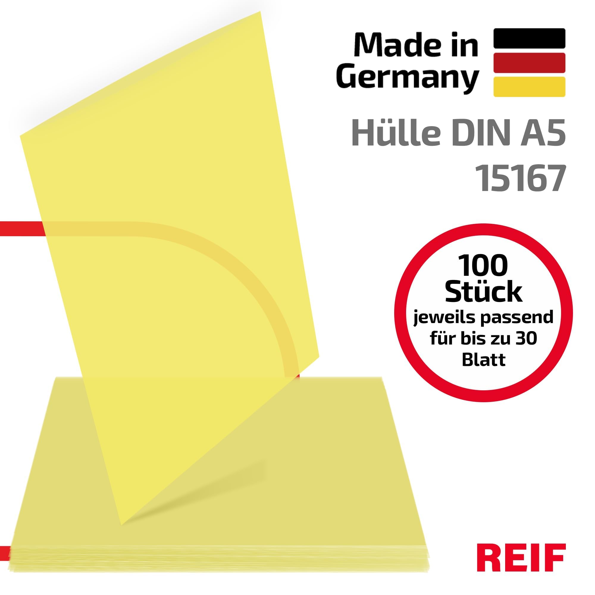 15100 DIN A5 Hüllen gelb, 100 Stück aus PE Stärke 0,160 mm, dokumentenecht, Dokumentenhülle oben offen, Made in Germany