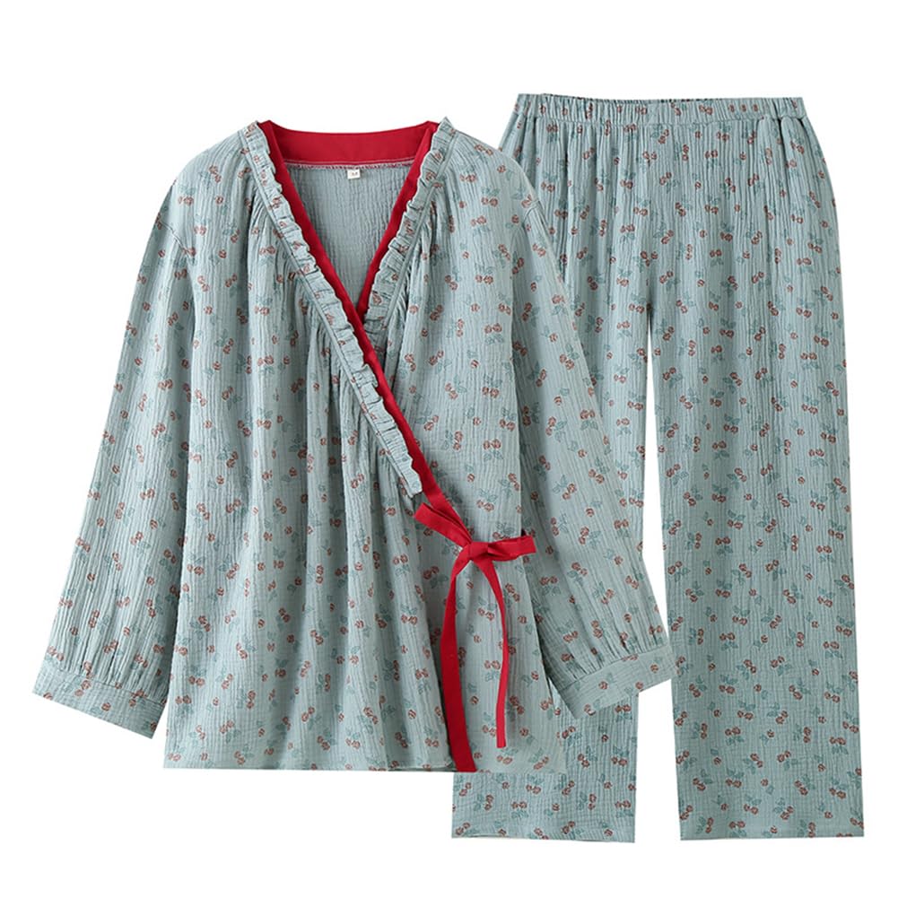 PRINCESS BRIDE Conjunto de pijama estilo kimono japonés de gasa de algodón de doble capa, conjunto de pijama retro con cinturón, ropa de dormir suave para mujer