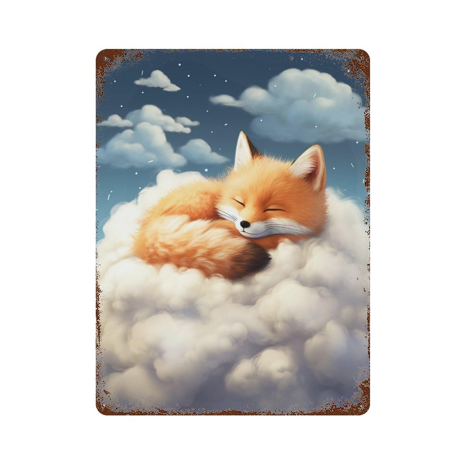 Sleeping Fox on Cloud Vintage Rust Metal Sign 15.7"x11.8", Farmhouse Wall Decor for Garage, Pub Or Kitchen