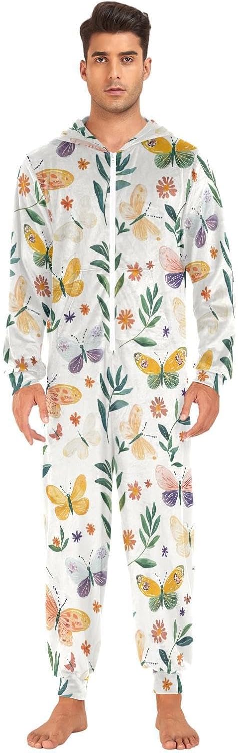 ZZKKO Colorful Butterfly Leaves Adult Onesie Pajamas for Women Men Cozy One Piece Pajamas Costume Zip-Up Hooded S-XL