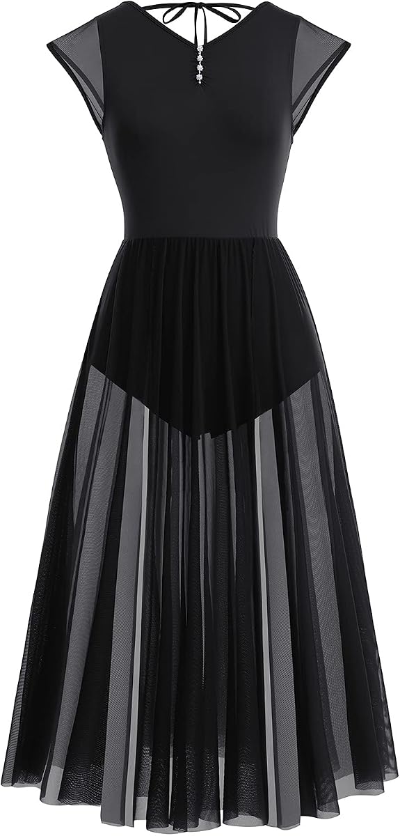 ODASDO Traje de danza lírica para mujer, ropa de baile contemporánea moderna para adultos, manga casquillo, vestido largo maxi dividido de malla fluida