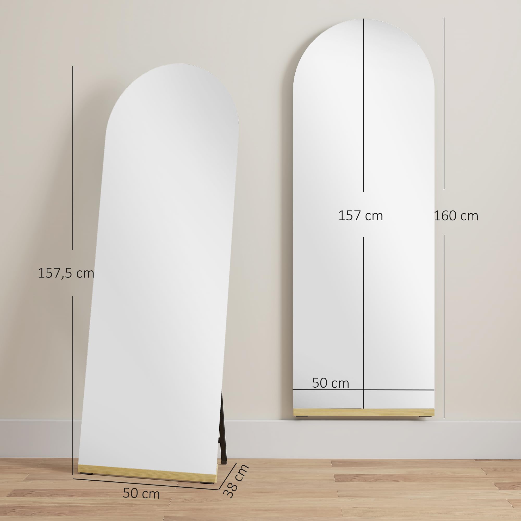 HOMCOM Miroir complet incurvé sans cadre en bois 160 x 50 cm