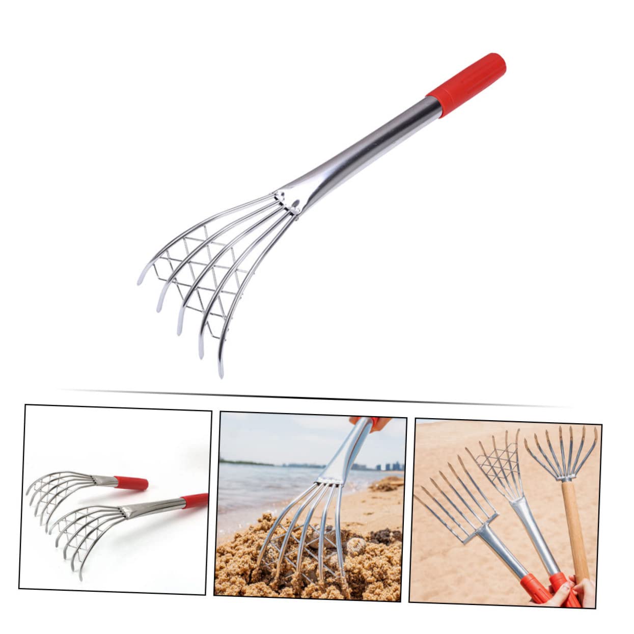 VICASKY Rastrello in Acciaio Inossidabile per Vongole con Manico, Attrezzo Affidabile per Scavare Spiaggia, Utensile Ergonomico per Molluschi e Conchiglie