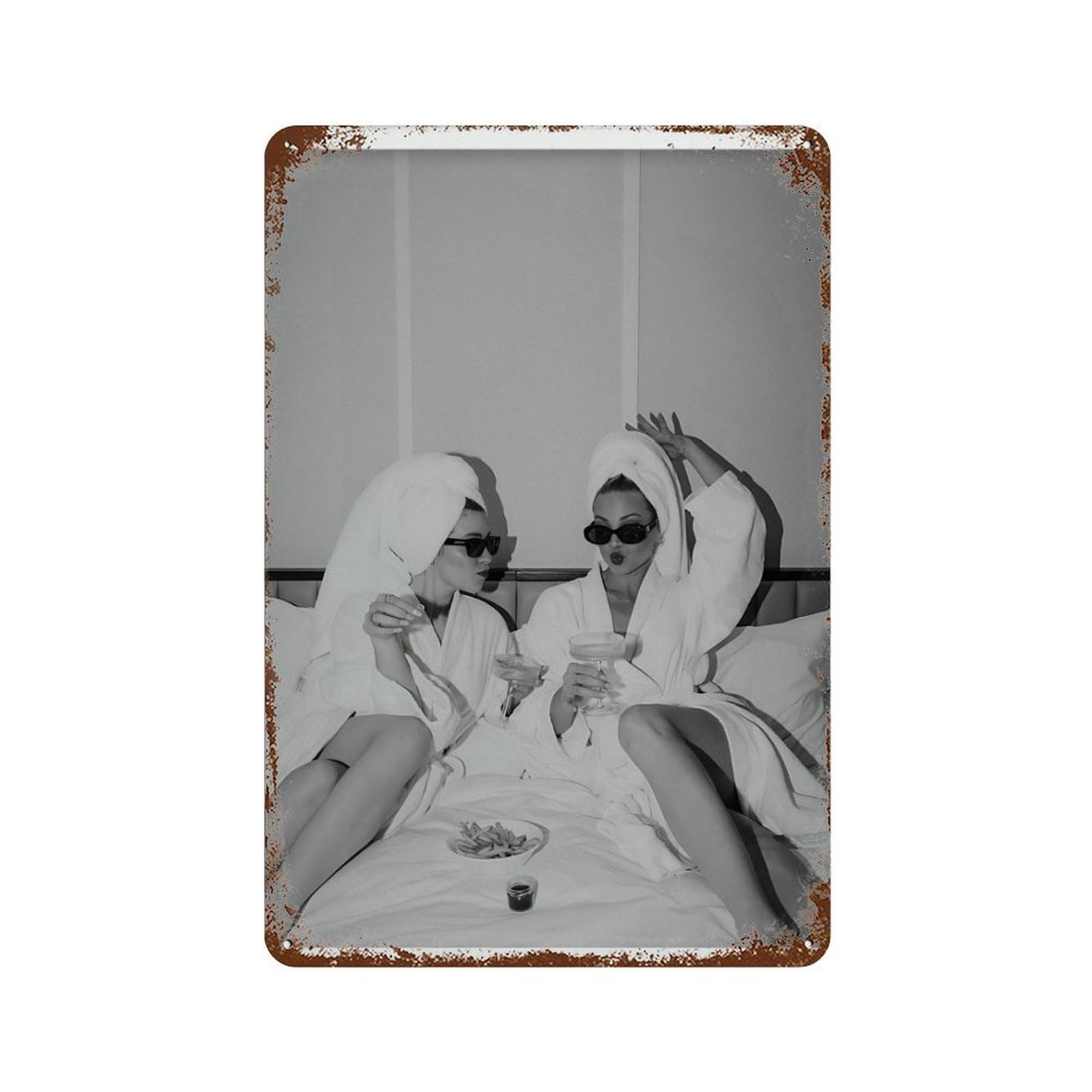xiaoxiaoshen Woman Drinking Martini in Bed Print Wall Decor Art Metal Tin Poster Modern Home Decor Art Home Bar Shop Decorations Vintage Sign 30x20cm