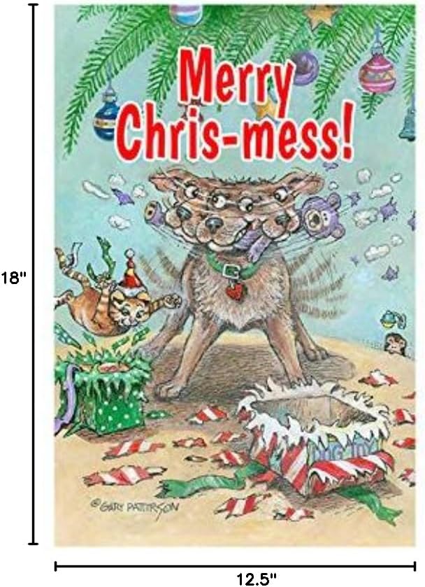 Flagology, Gary Patterson, Merry Chris-Mess Dog – Garden Flag 12" x 18", Exclusive Premium Fabric, Christmas, Winter