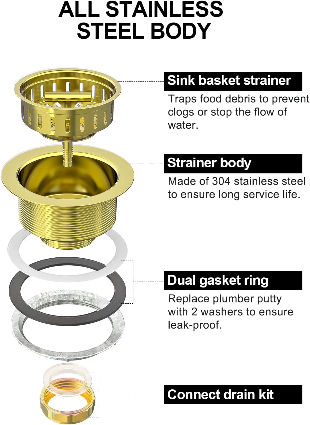 BOTEMY B9171 Gold Kitchen Sink Drain Kit 3 1/2 Sink Strainer for Kitchen Sink with Stainless Steel Strainer Stopper Drain Assembly Basket Strainer Fit Standard Sink Drain Hole