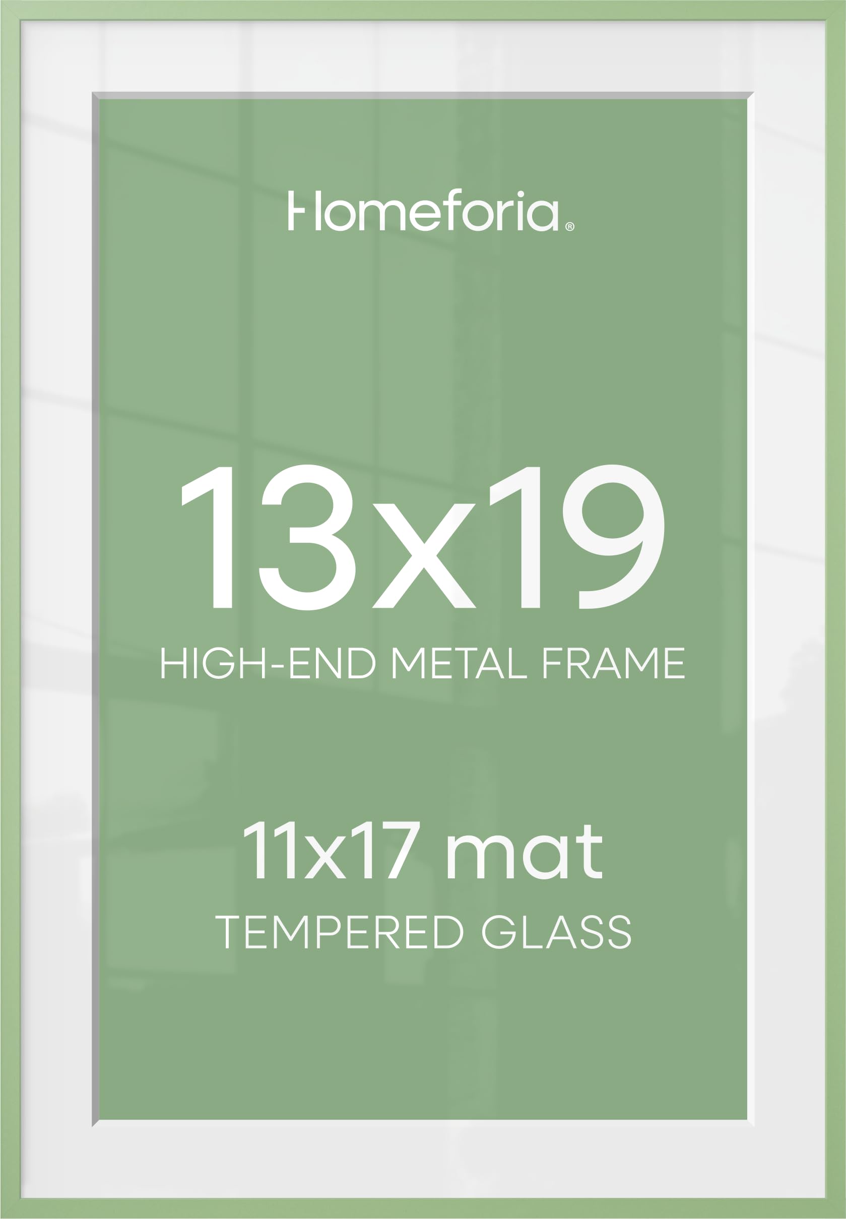 Homeforia 13x19 Green Picture Frame, High-End Metal, 11x17 Mat, Glass | High End Aluminum, Tempered Glass, Acid-Free 11x17 Removable Mat, 13x19 in Edge-to-Edge Display 19x13, Wall Kit, Set Of 2