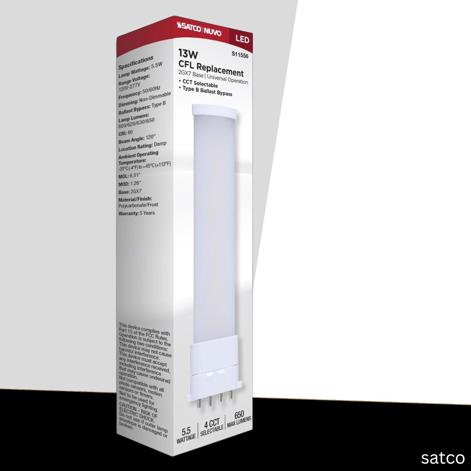 Satco LED PL Lamp 5.5W 2GX7 Base 13W CFL Equivalent CCT Selectable 2700K–4000K Ballast Bypass Non-Dimmable 120-277V Frost Finish – Part S11556 (2 Pack)