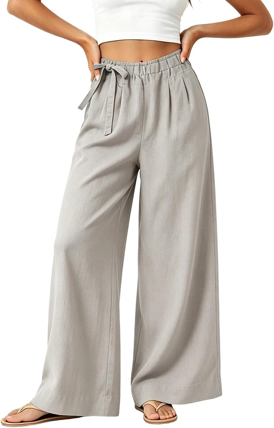 Women's Tie Waist Cotton Pants High Waisted Wide Leg Loose Fit Pants Vintage Fashion Casual Trousers with Pockets