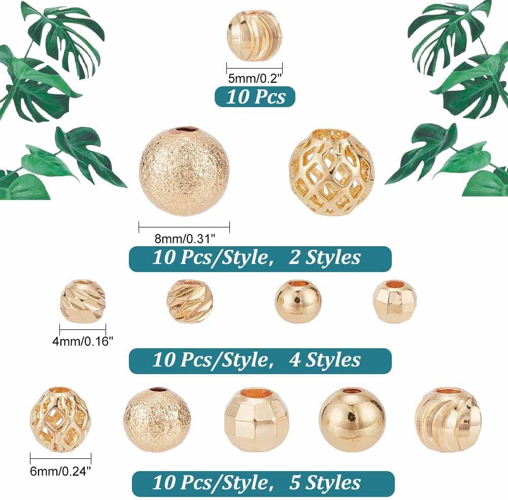 PH PandaHall 120pcs 14K Gold Spacer Beads 4/5/6/8mm Beads Brass Round Beads Metal Loose Beads Long-Lasting Spacers for Clay Bead Summer Bikini Beach Layered Stackable Necklace Bracelet Jewelry Making - Image 2