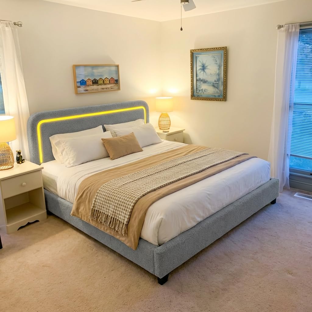 King Bed Frame and Headboard,Soft Cloud Bed Frame King with Led Lights,Boucle Upholstered King Platform Bed Frame,Anti-Collision Round Corners,No Box Spring Needed,Modern,Grey