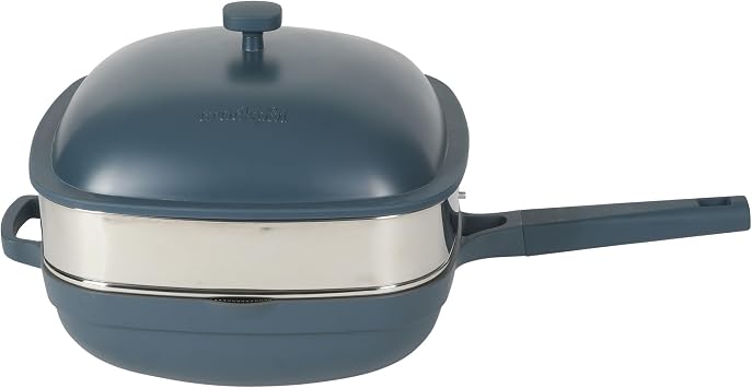 Crock Pot Northvale 5.3 Quart Ceramic Nonstick Saute Pan with Steamer Basket & Lid, Cast Aluminum Pan with Induction Base and Soft-Touch Handle, Matte Blue