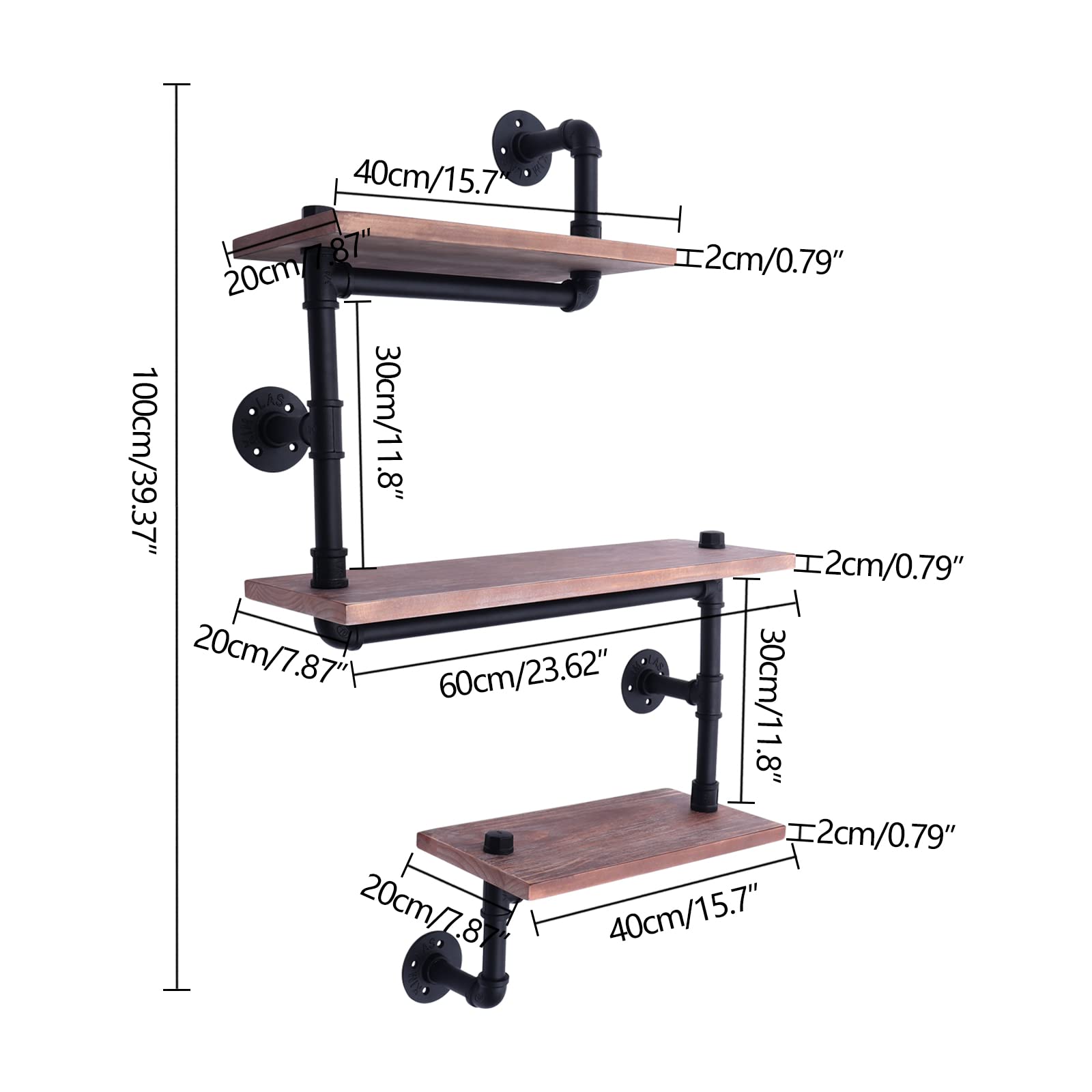 Estantería flotante de pared de 3 niveles, industrial retro de madera maciza, tubo de hierro, estante de pared