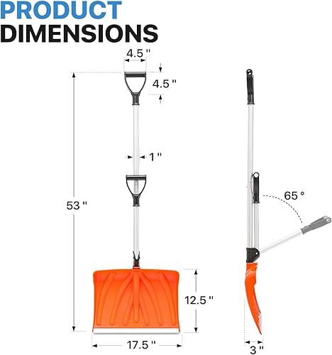Miniatura 2 de MoNiBloom Pala de nieve ergonómica para garaje con agarre frontal para salvar la espalda, hoja de 17.5 x 12.5 pulgadas con borde de aluminio, pala