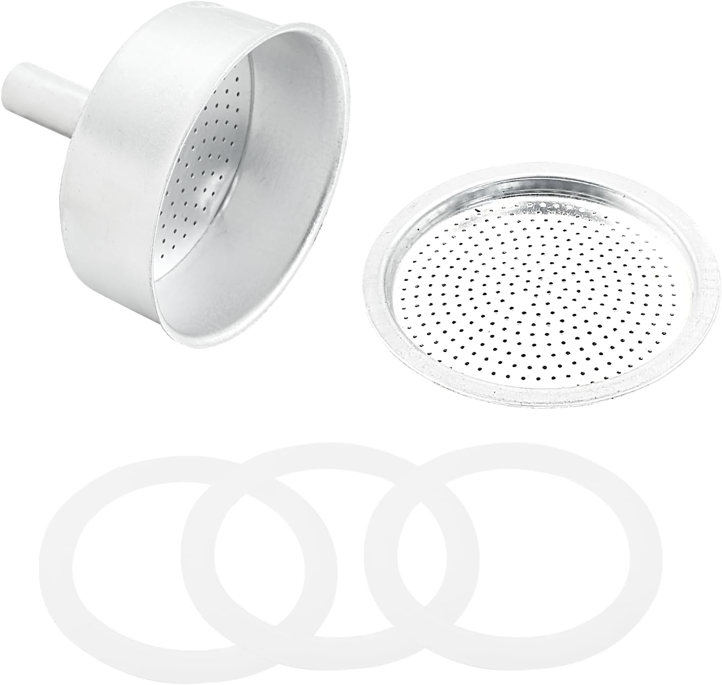 Waziaqoc Espresso Moka 3Cup Replacement Funnel Kits, 1Pack Replacement Funnel, 1 Aluminium Filter with 3Packs Replacement Gasket Seals