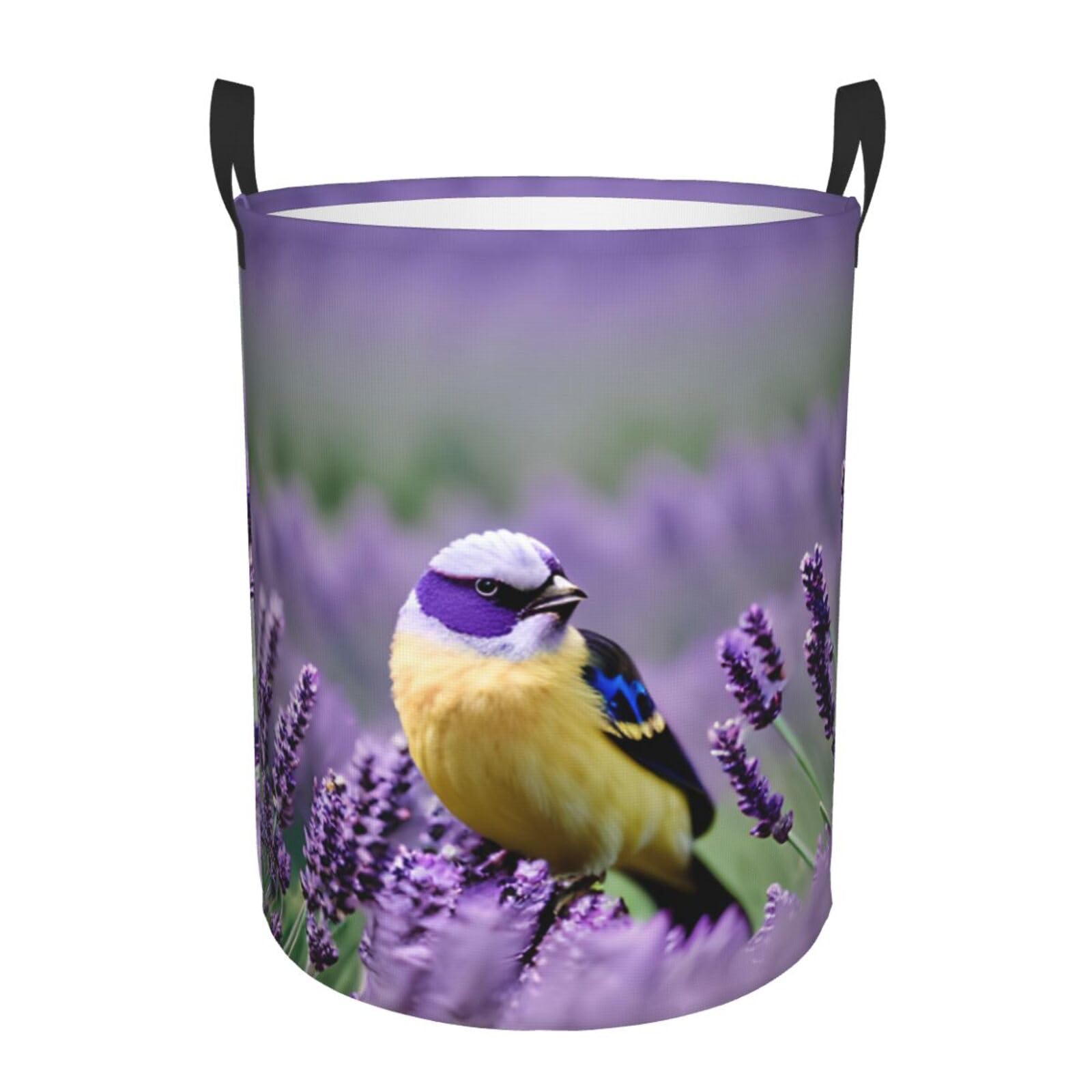 M Collapsible Round Bird in Purple Lavender Floral Flowers Print Laundry Hamper