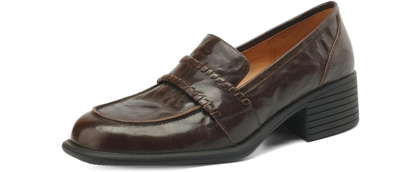TinaCus Women's Genuine Leather Simple Round Toe Handmade Chunky Heel Comfortable Loafers Pumps Shoes