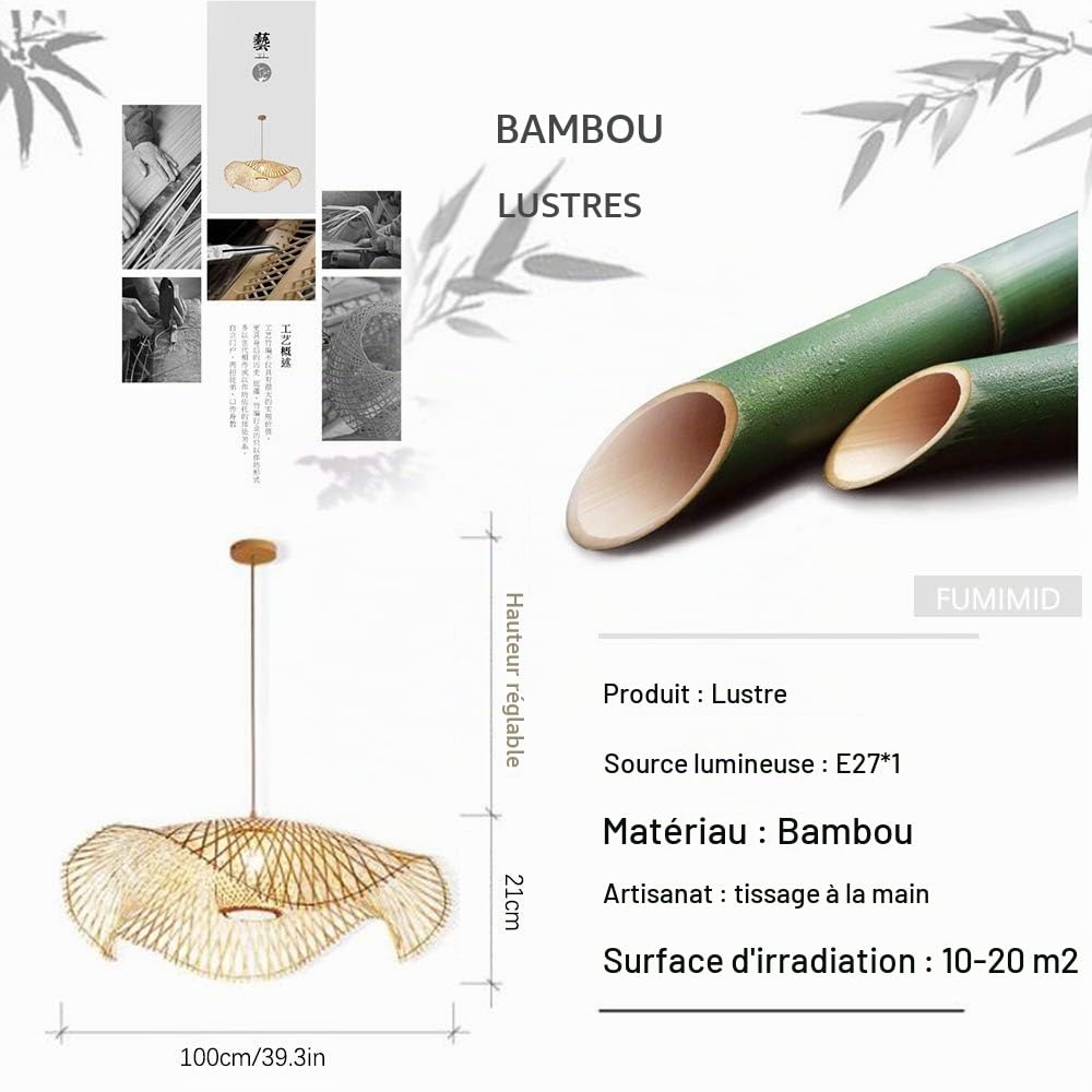 Plafonnier en Bambou Suspension Rétro E27 Lustre Rotin Naturel Éclairage Campagne Lampe Tissé à la Main pour Chambre Restaurant Salon Café Décoration Économie D'énergie,B,100cm