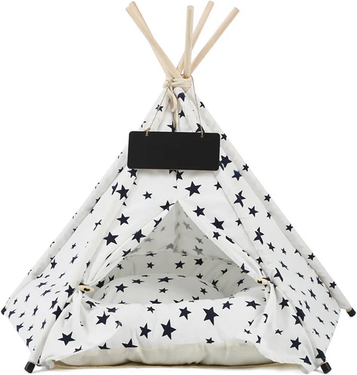 Cozy Indoor Pet Cat Teepee Bed—Combines cat Tent, Dog Tent, and Dog House functionality into one Portable pet Tent with Plush pad. (White (Stars), S)