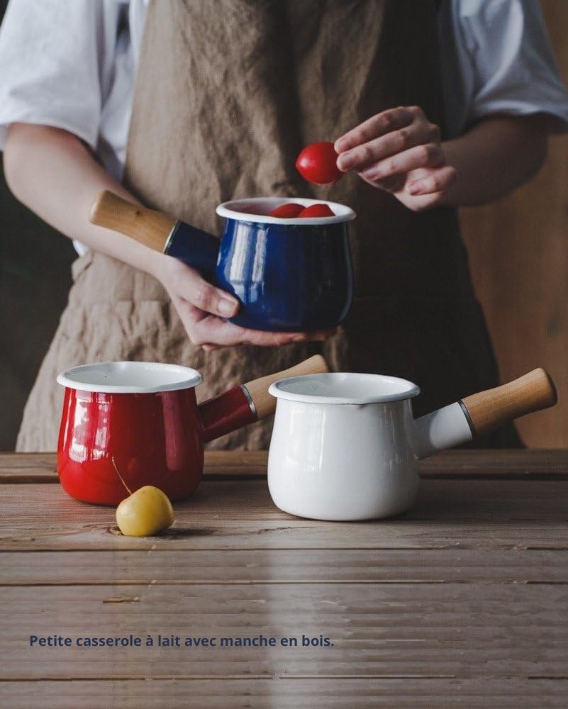 émail Casserole à Lait, Beurre de Mini Warmer 10 cm en émail Casserole Cuisine Poêle avec poignée en Bois, Taille Parfaite pour Chauffage Petit Liquide portions. Rouge…