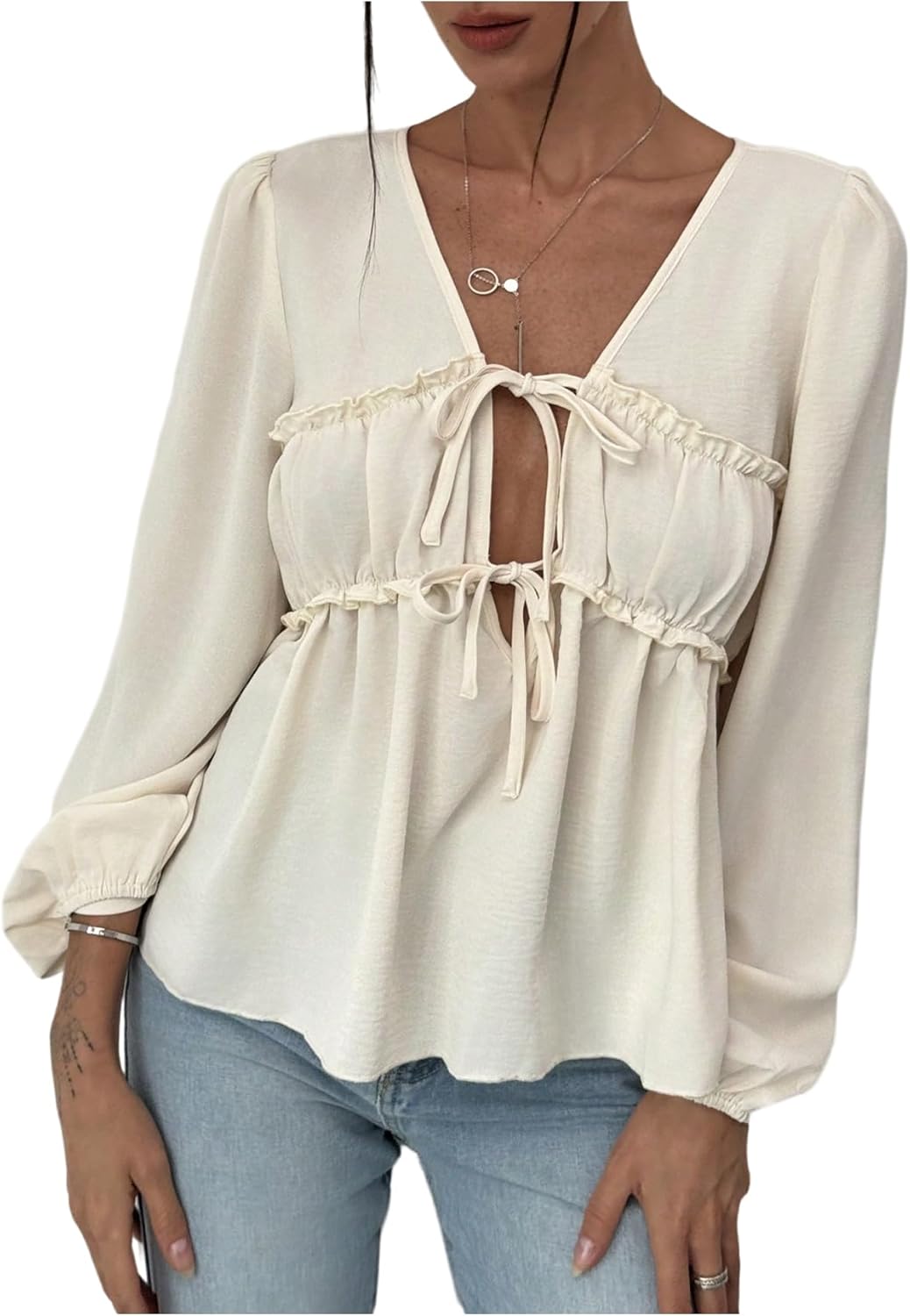 WDIRARA Women's Tie Front V Neck Long Bishop Sleeve Flared Blouse Frill Trim Peplum Top