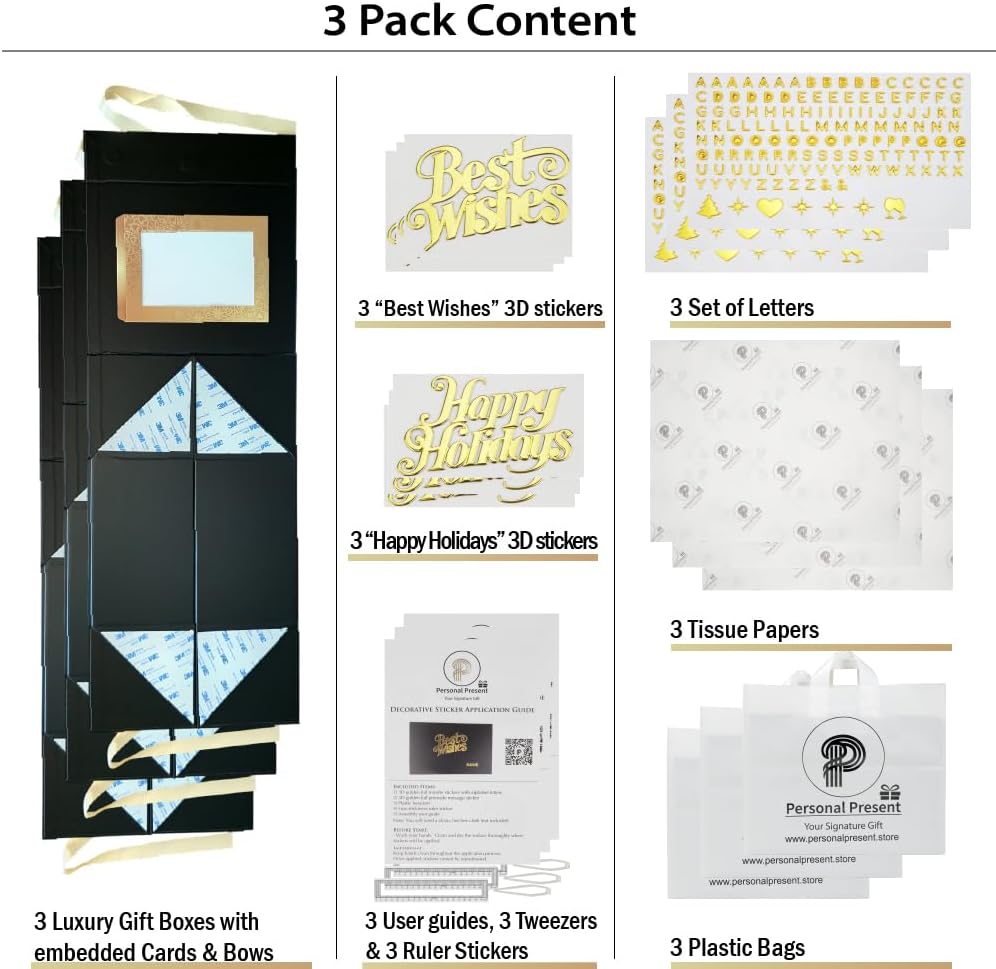 Luxury Black Personalized Gift Boxes Medium (10x8x5") - 3 Pack Set with Instant DIY Lettering Kits, Magnetic Lids & Ribbons